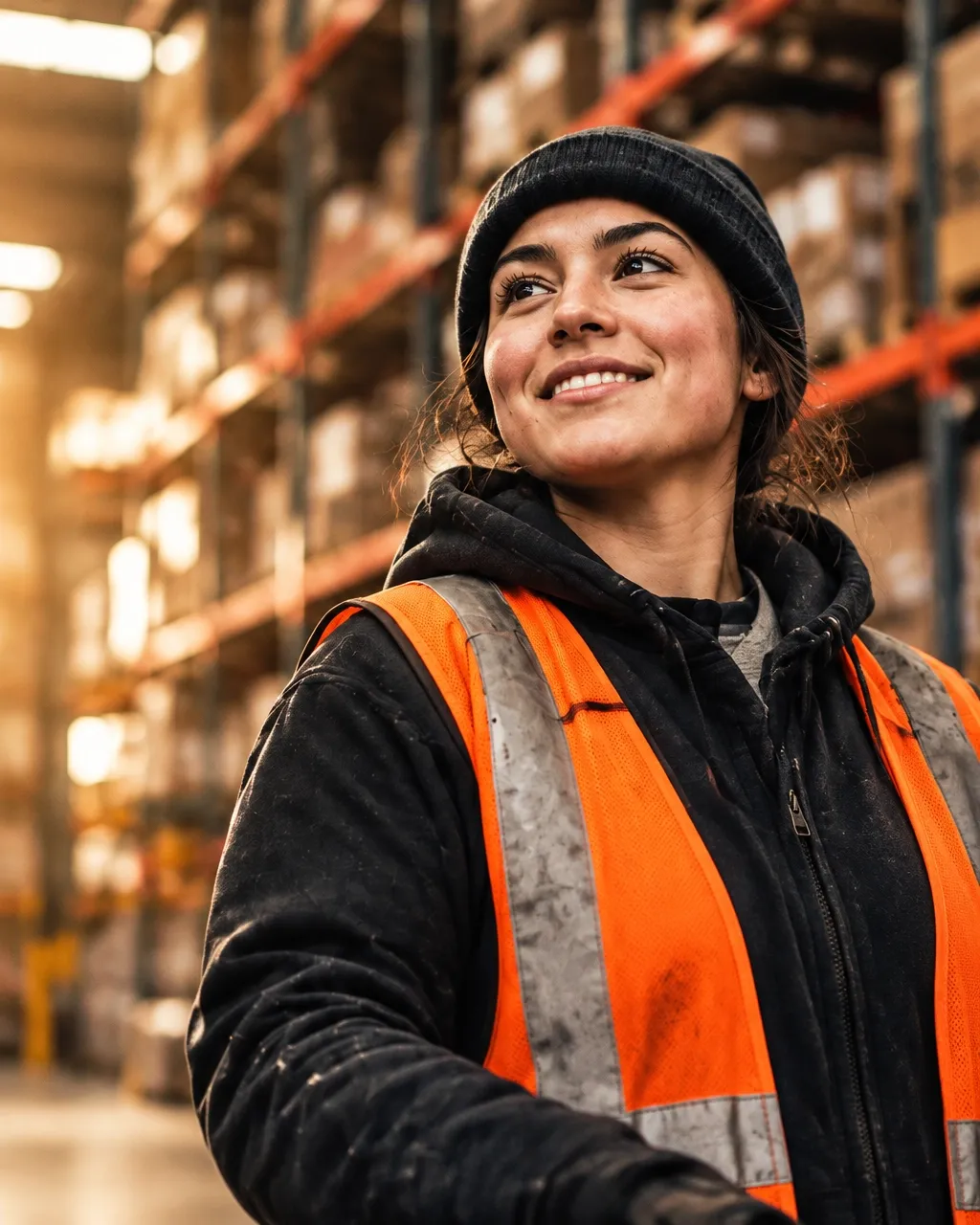 A warehouse worker in an orange safety vest, smiling during a shift